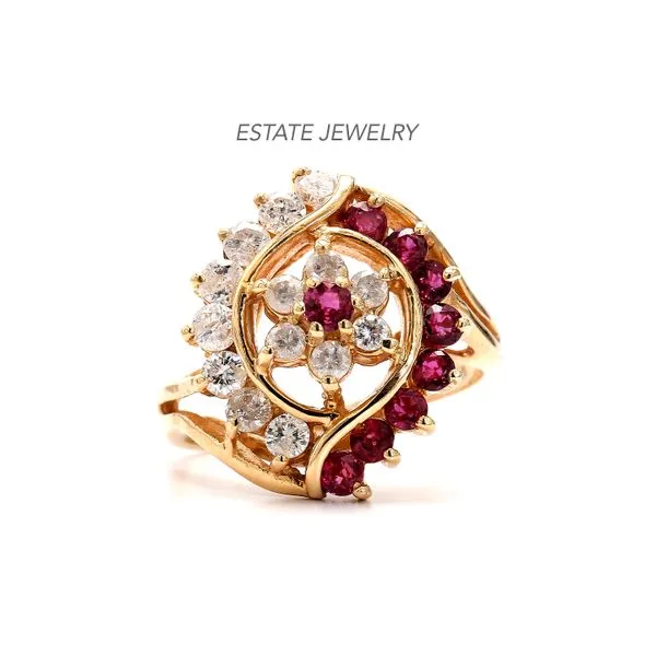 Estate 14K Yellow Gold 2.50ctw Ruby & Diamond Cluster Ring Raleigh Diamond Fine Jewelry Raleigh, NC