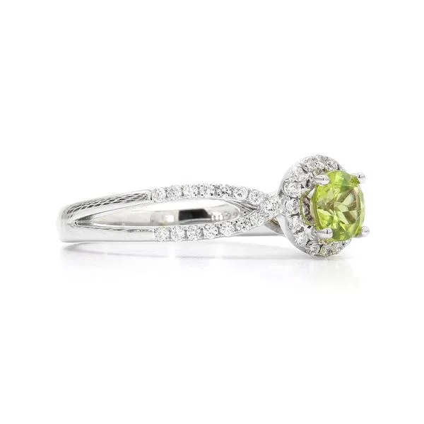 18K White Gold 0.73ctw Diamond and 1/2ctw Arizona Peridot Twist Halo Ring Image 3 Raleigh Diamond Fine Jewelry Raleigh, NC