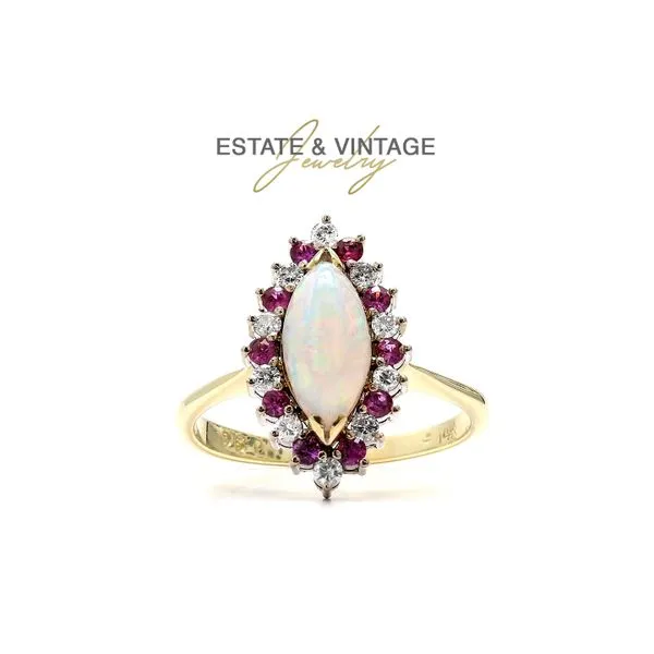 Estate 14K Yellow Gold 1.00ctw Opal 0.20ctw Diamonds 0.10ctw Spinel Ring Size 8.5 Raleigh Diamond Fine Jewelry Raleigh, NC