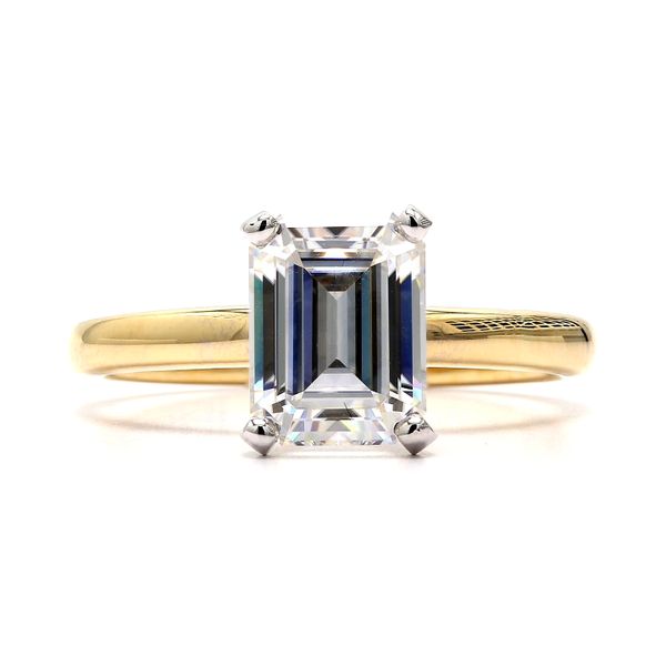 RD365 Signature 18K Yellow Gold & 14K White Gold Moissanite Solitaire Emerald Cut DEF 8x6mm Forever One 2.5mm Raleigh Diamond Fine Jewelry Raleigh, NC
