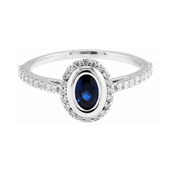 14K White Gold Oval 0.71ct Sapphire 0.25ctw Diamond Halo Ring Raleigh Diamond Fine Jewelry Raleigh, NC