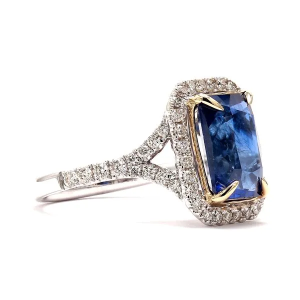 Heera Moti 14K White & Yellow Gold 5.10ctw Sapphire Diamond Halo Ring Size 6.75 Image 3 Raleigh Diamond Fine Jewelry Raleigh, NC