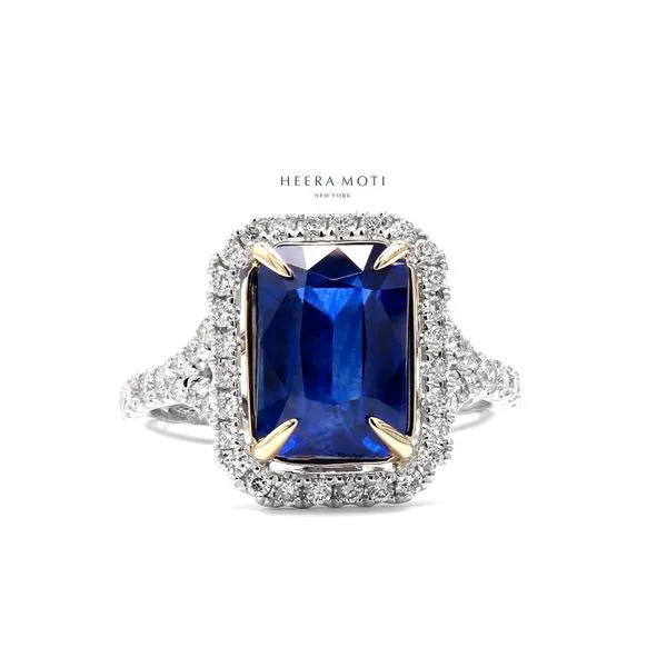 Heera Moti 14K White & Yellow Gold 5.10ctw Sapphire Diamond Halo Ring Size 6.75 Raleigh Diamond Fine Jewelry Raleigh, NC