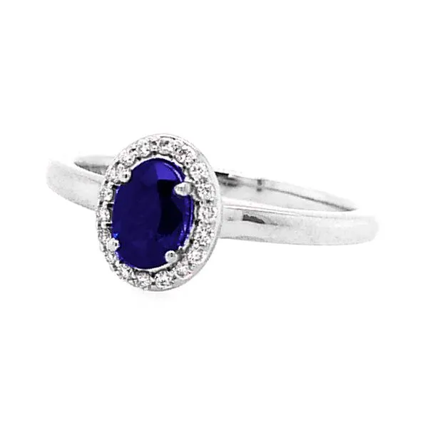 14K White Gold Blue Sapphire 0.60ct Oval + Halo Diamonds 0.07ctw Raleigh Diamond Fine Jewelry Raleigh, NC
