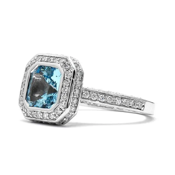 White Gold 1.66ctw Aquamarine 1.06ctw Diamond Halo Ring Size 6.5 Image 2 Raleigh Diamond Fine Jewelry Raleigh, NC