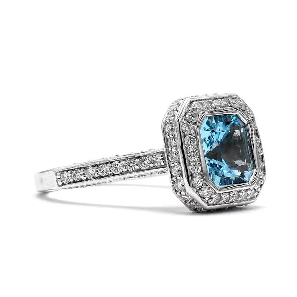 White Gold 1.66ctw Aquamarine 1.06ctw Diamond Halo Ring Size 6.5 Image 3 Raleigh Diamond Fine Jewelry Raleigh, NC