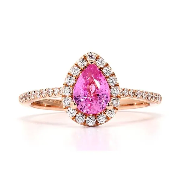 14K Rose Gold 1.02ctw Natural Padparadscha Sapphire with 0.28ctw Halo Diamonds Raleigh Diamond Fine Jewelry Raleigh, NC