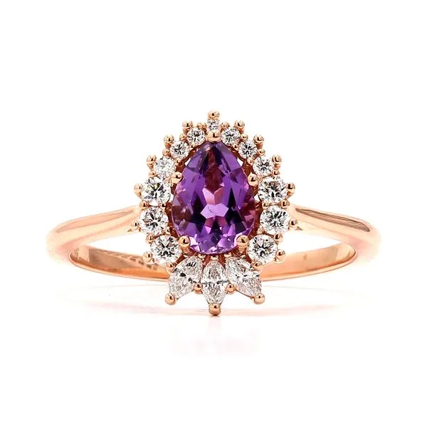 14K Rose Gold 0.25ctw Diamonds + 0.63ctw Amethyst Halo Ring Pear Size 6.75 Raleigh Diamond Fine Jewelry Raleigh, NC