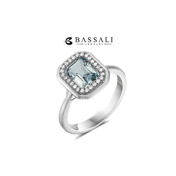 Bassali 14K White Gold Aquamarine + 0.13ctw Halo Diamonds Size 6.5 Raleigh Diamond Fine Jewelry Raleigh, NC