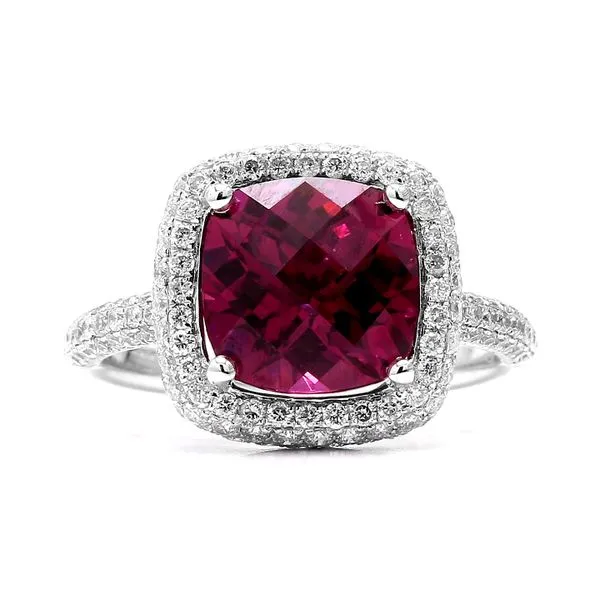 18K White Gold Rhodalite Garnet 4.14ctw Cushion +1.33ctw Pave Diamonds Raleigh Diamond Fine Jewelry Raleigh, NC