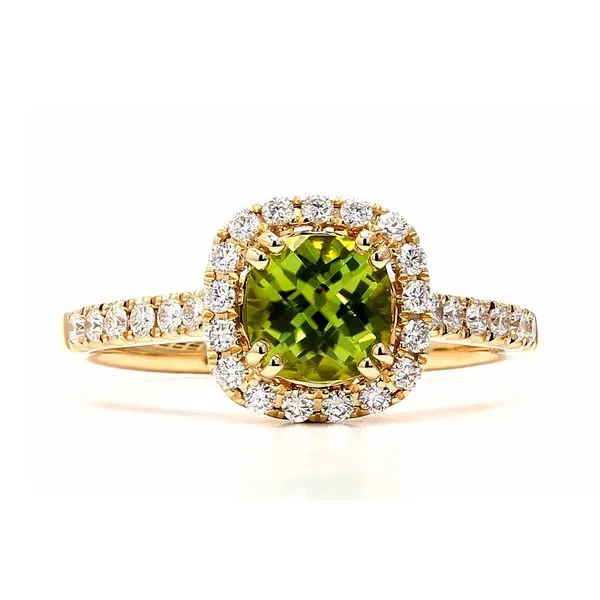 14K Yellow Gold 1.06ct 6x6 Cushion Peridot + 0.34ctw G/SI+ Halo Diamonds Raleigh Diamond Fine Jewelry Raleigh, NC
