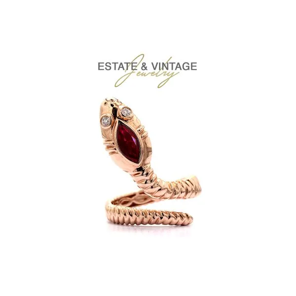 Estate 14K Rose Gold 0.06ctw RBC Diamond Snake (1).83Ct Marquise Ruby Fashion Ring Raleigh Diamond Fine Jewelry Raleigh, NC