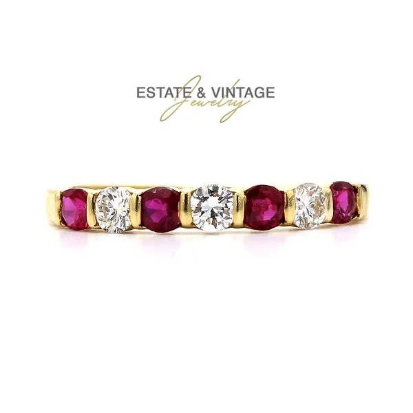Estate 18K Yellow Gold Colored Stone Fashion Ring Ruby and Diamond Band Size 6.5 Raleigh Diamond Fine Jewelry Raleigh, NC