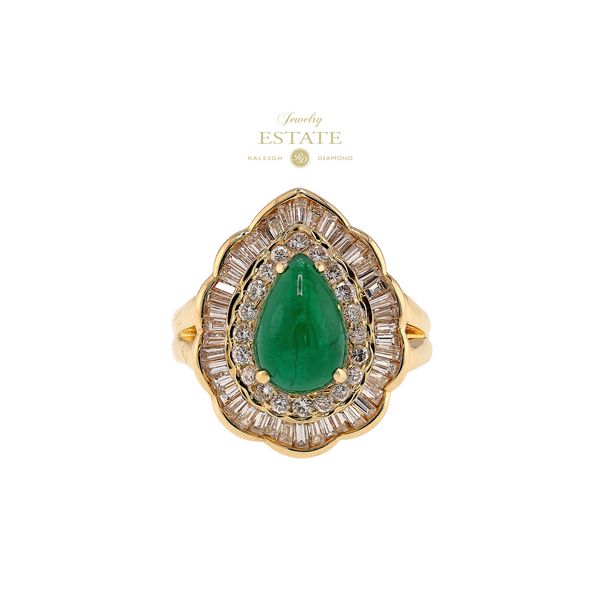 Estate 18K Yellow Gold Emerald & Diamond Ring D-2.25ctw F-G/SI 11.00 Cab Emerald Raleigh Diamond Fine Jewelry Raleigh, NC