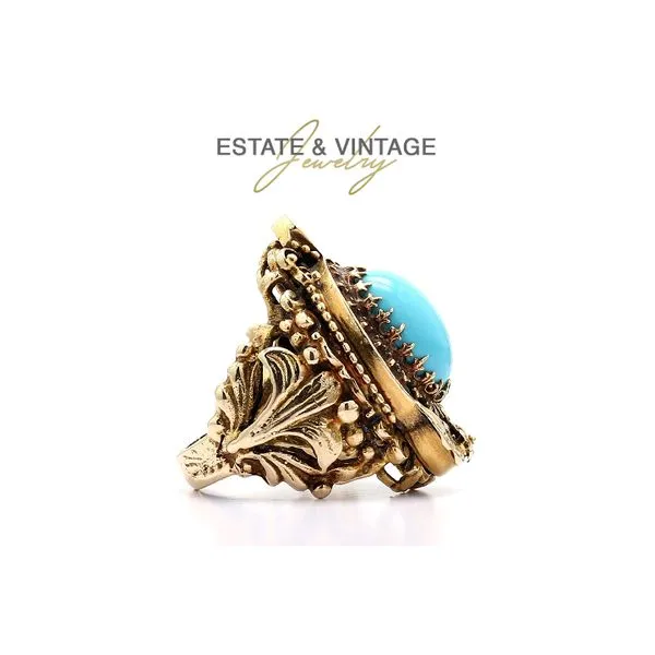 Estate 10K Yellow Gold Vintage Turquoise Colored Stone Fashion Ring Size 6.75 Image 2 Raleigh Diamond Fine Jewelry Raleigh, NC