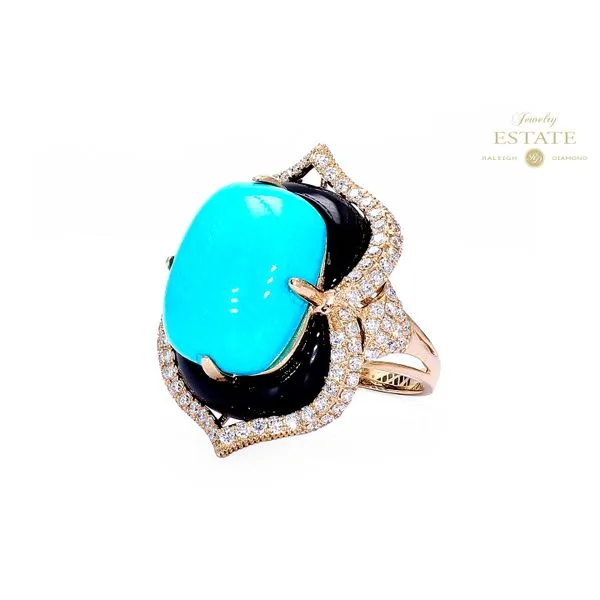 Estate Lali 14K Yellow Gold Turquoise Onyx and Diamond Fashion Ring Image 2 Raleigh Diamond Fine Jewelry Raleigh, NC