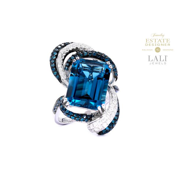 Estate Designer Lali Limited Edition 14K White Gold B/W 1.09ctw Diamonds with Large 15.70ctw London Blue Topaz Fashion Ring Size 9.5 Raleigh Diamond Fine Jewelry Raleigh, NC