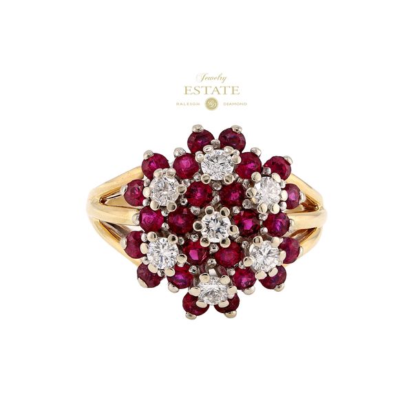 Estate 14K White & Yellow Gold Ruby & Diamond Flower Ring Raleigh Diamond Fine Jewelry Raleigh, NC