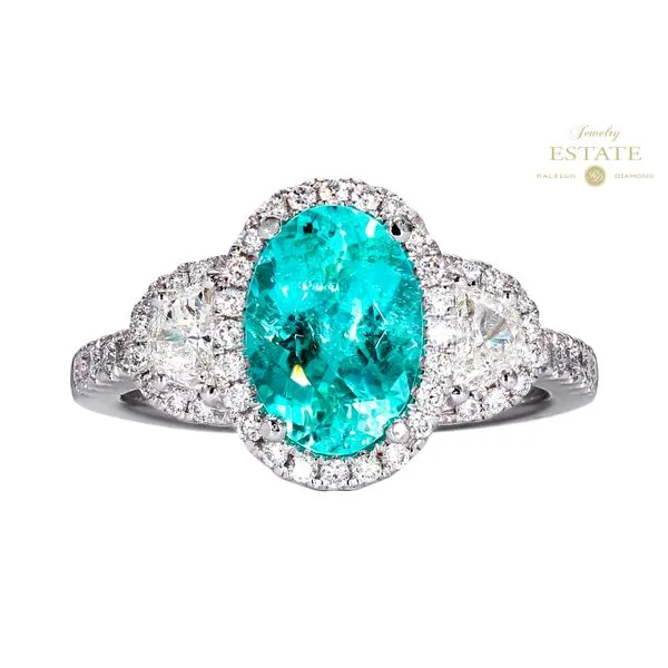 Estate Platinum Ctr-1.87ctw D-0.59ctw Paraíba Tourmaline Half Moon Diamond Halo Semi Size 6.5 Raleigh Diamond Fine Jewelry Raleigh, NC