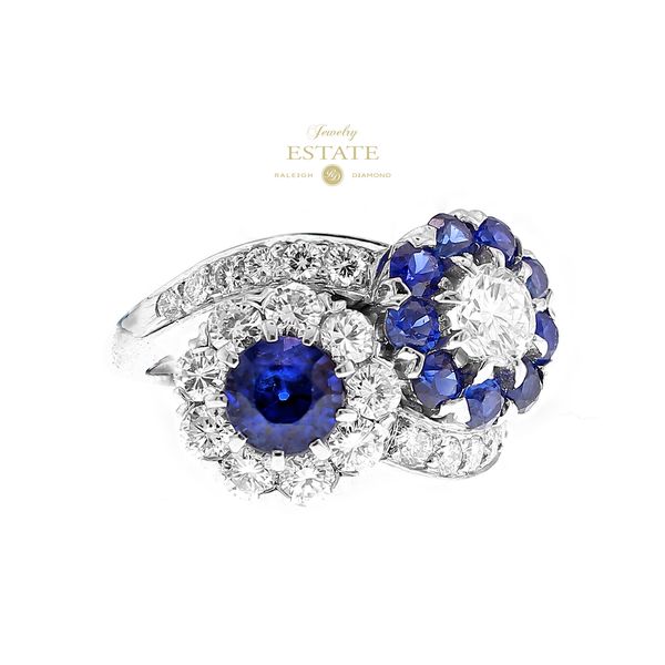 Estate Platinum 1.91ctw Sapphire 2.28ctw Diamond Flower Cluster Bypass Ring Sz 6 Image 2 Raleigh Diamond Fine Jewelry Raleigh, NC