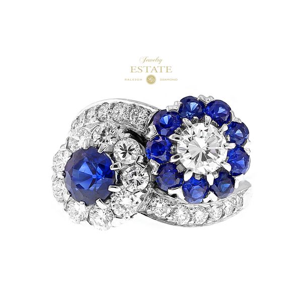 Estate Platinum 1.91ctw Sapphire 2.28ctw Diamond Flower Cluster Bypass Ring Sz 6 Raleigh Diamond Fine Jewelry Raleigh, NC