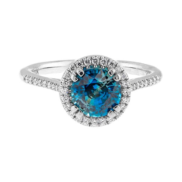 14K White Gold 2.13ctw Diamond Halo Blue Zircon Fashion Ring Sz 6.25 Raleigh Diamond Fine Jewelry Raleigh, NC