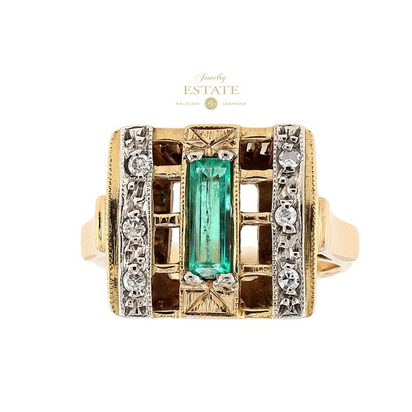 Estate 18K Yellow Gold 0.10ctw I-J/SI1-SI2 Diamond 0.70ctw Emerald Vintage Fashion Ring Sz 7 Raleigh Diamond Fine Jewelry Raleigh, NC