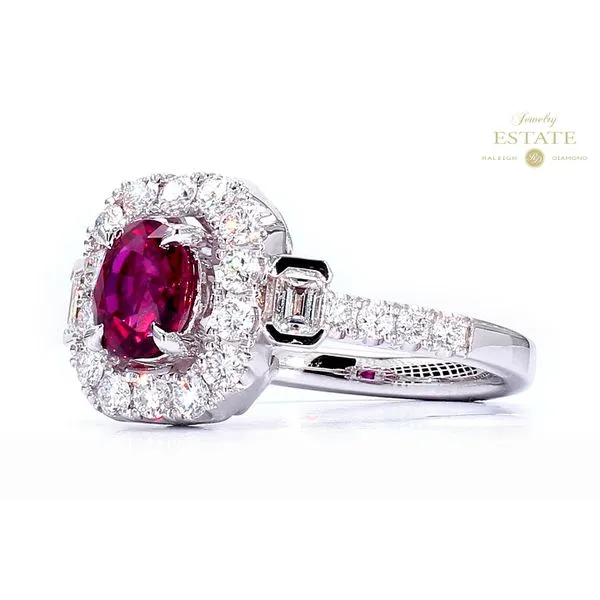 18K White Gold 1.39ctw Ruby 0.99TW 2EC 22RBC Diamond Halo Ring Size 6.75 Image 2 Raleigh Diamond Fine Jewelry Raleigh, NC
