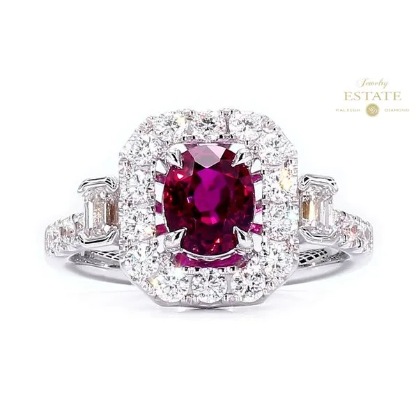 18K White Gold 1.39ctw Ruby 0.99TW 2EC 22RBC Diamond Halo Ring Size 6.75 Raleigh Diamond Fine Jewelry Raleigh, NC