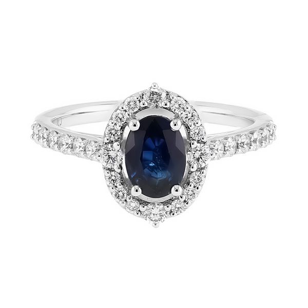 14K White Gold 7x6 Oval Sapphire 3/8tw 28x RBC Diamond Halo Ring Sz 7 Raleigh Diamond Fine Jewelry Raleigh, NC