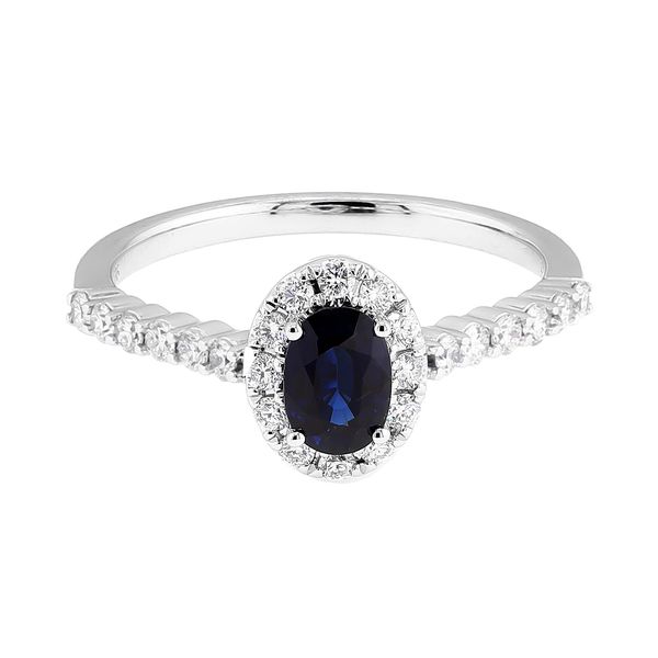 14K White Gold 0.65ct Sapphire 3/8tw 24x RBC Diamond Halo Ring Sz 6.5 Raleigh Diamond Fine Jewelry Raleigh, NC