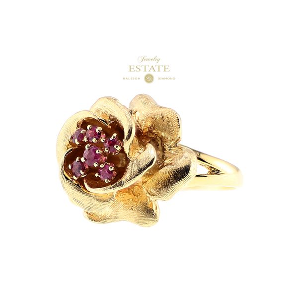 Estate 10K Yellow Gold 0.15ctw Ruby Rose Floral Fashion Ring Sz 7.5 Image 2 Raleigh Diamond Fine Jewelry Raleigh, NC
