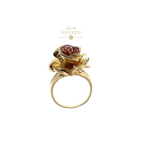 Estate 10K Yellow Gold 0.15ctw Ruby Rose Floral Fashion Ring Sz 7.5 Image 3 Raleigh Diamond Fine Jewelry Raleigh, NC