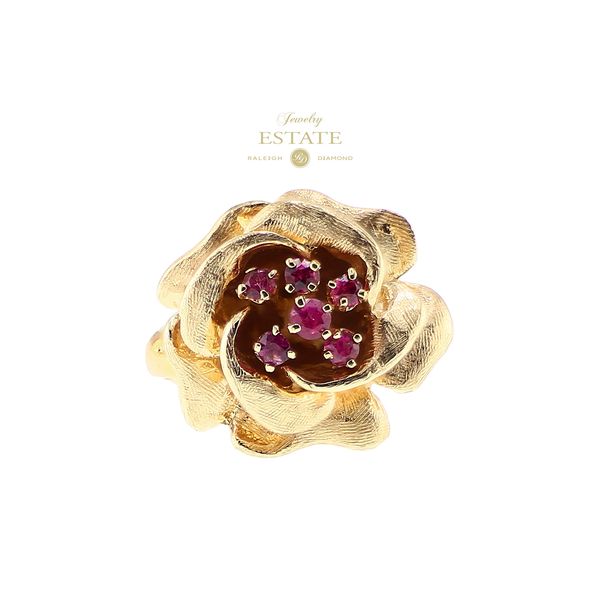 Estate 10K Yellow Gold 0.15ctw Ruby Rose Floral Fashion Ring Sz 7.5 Raleigh Diamond Fine Jewelry Raleigh, NC