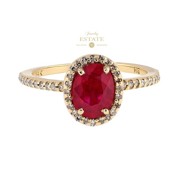 Estate 14K Yellow Gold 0.25ctw SI2 Diamond Halo 1.50ctw Ruby Ring Sz 7.5 Raleigh Diamond Fine Jewelry Raleigh, NC