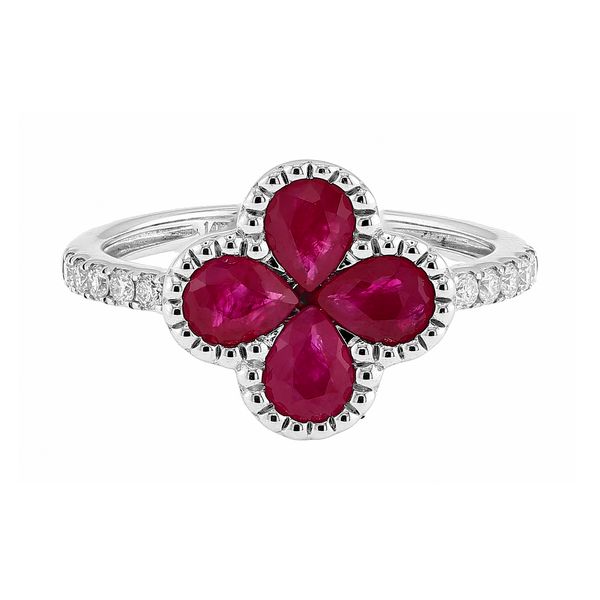 14K Yellow Gold 0.17ctw Diamond 1.50ctw Ruby Clover Fashion Ring Sz 6 Raleigh Diamond Fine Jewelry Raleigh, NC