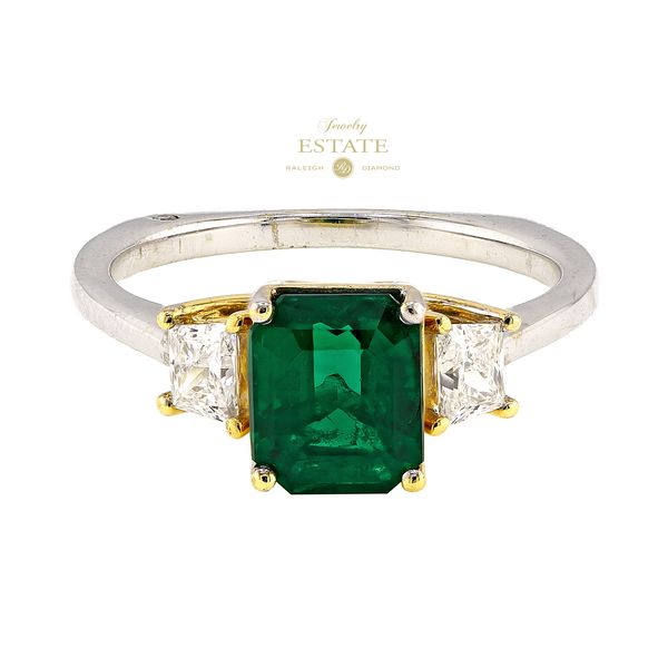 Estate 18K White & Yellow Gold 2.10ctw Diamond Emerald 3-Stone Fashion Ring Sz 9 Raleigh Diamond Fine Jewelry Raleigh, NC