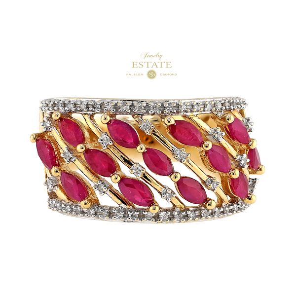 Estate 14K White & Yellow Gold 0.90ctw Diamond Ruby Wide Band Fashion Ring Sz 7 Raleigh Diamond Fine Jewelry Raleigh, NC