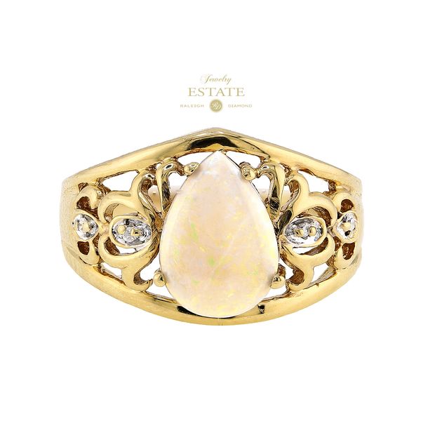 Estate 10K Yellow Gold 0.30ct Pear Opal 0.08ctw Diamond Filigree Fashion Ring Sz 5.25 Raleigh Diamond Fine Jewelry Raleigh, NC