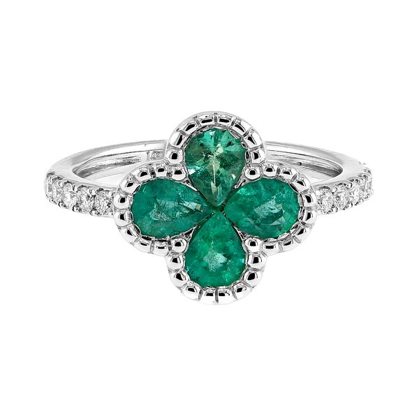 14K White Gold 0.17ctw Diamond 1.00ctw Emerald Clover Fashion Ring Sz 6 Raleigh Diamond Fine Jewelry Raleigh, NC