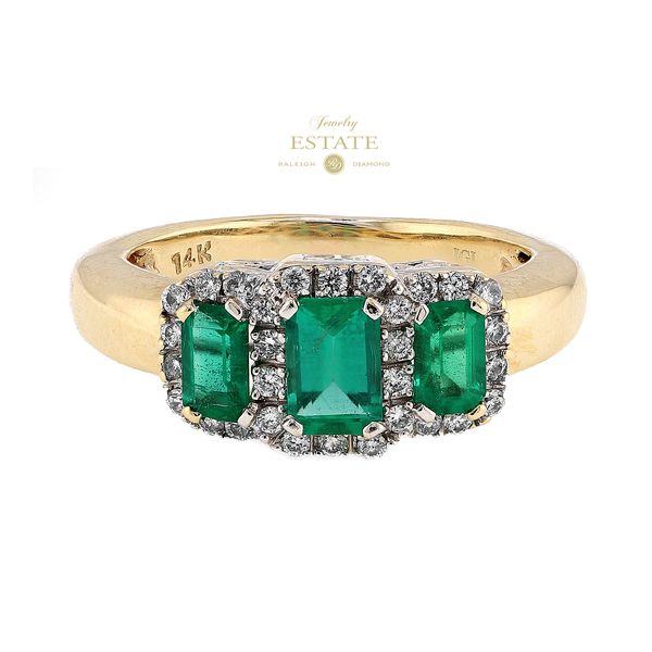 Estate 14K Yellow Gold 3-Stone Emerald Diamond Halo Ring Sz 7 Raleigh Diamond Fine Jewelry Raleigh, NC