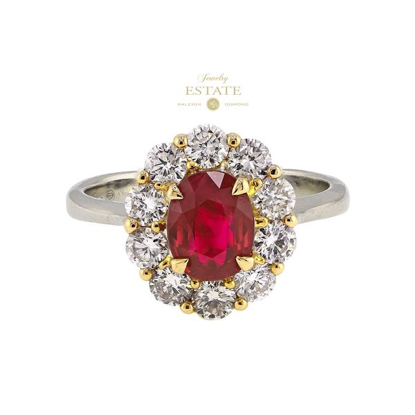 Estate18K White & Yellow Gold 1.36ctw Ruby 1.50ctw RBC Diamond Halo Ring Sz 7 Raleigh Diamond Fine Jewelry Raleigh, NC