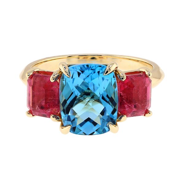 14K Yellow Gold Swiss Blue Topaz with Pink Tourmaline Fashion Ring Sz 7 Raleigh Diamond Fine Jewelry Raleigh, NC