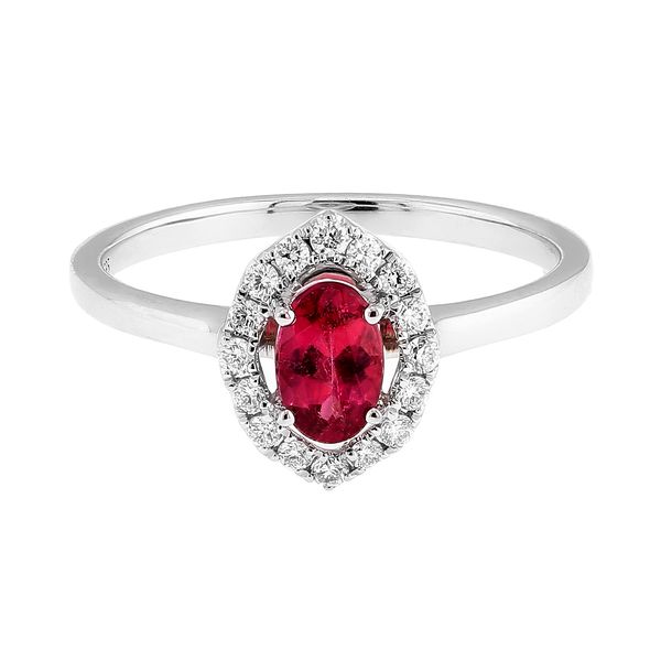 14K White Gold 0.41ctw Oval Rubellite 1/6ctw Diamond Halo Fashion Ring Sz 6.25 Raleigh Diamond Fine Jewelry Raleigh, NC