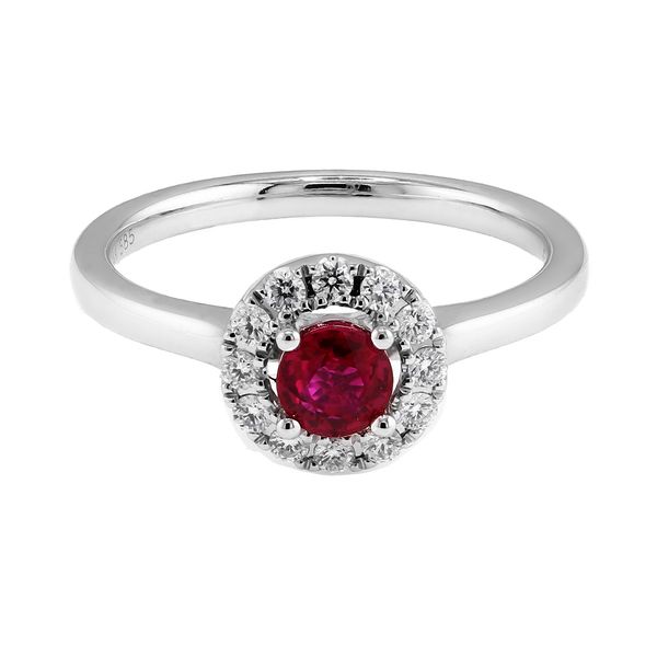 14K White Gold 0.49ctw Ruby 1/5ctw Diamond Halo Fashion Ring Sz 6.25 Raleigh Diamond Fine Jewelry Raleigh, NC