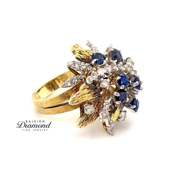 Estate 14K Yellow Gold Vintage Fashion Ring with Sapphires & Diamonds Size 6.5 Image 2 Raleigh Diamond Fine Jewelry Raleigh, NC