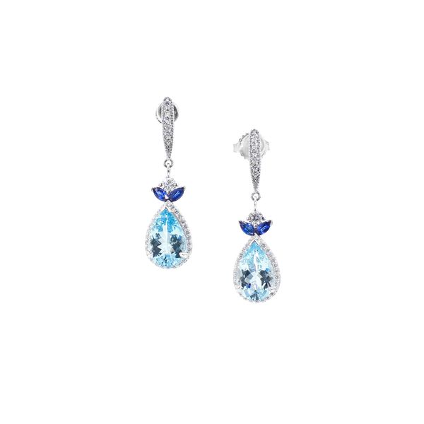 14K White Gold 6.60ctw Diamonds Sapphires and Aquamarine Drop Earrings Raleigh Diamond Fine Jewelry Raleigh, NC