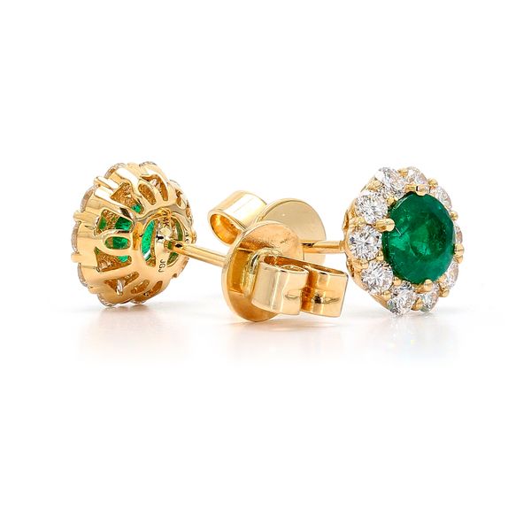 14K Yellow Gold 1.50ctw Emerald & Diamond Halo Earrings Image 2 Raleigh Diamond Fine Jewelry Raleigh, NC
