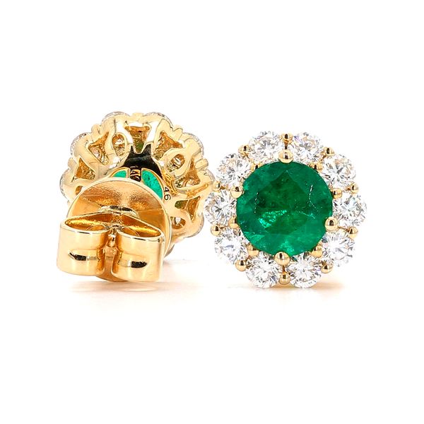 14K Yellow Gold 1.50ctw Emerald & Diamond Halo Earrings Raleigh Diamond Fine Jewelry Raleigh, NC