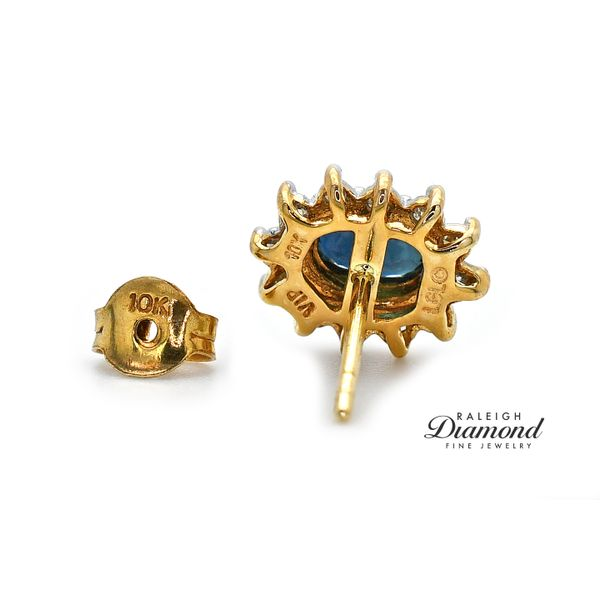 Estate 10K Yellow Gold Oval Sapphire & Diamond Halo Earrings Image 3 Raleigh Diamond Fine Jewelry Raleigh, NC